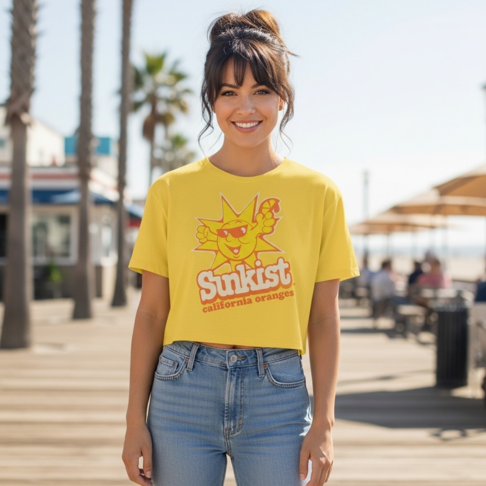 Sunkist California Oranges Yellow Graphic Cropped Top T-Shirt Womens Small